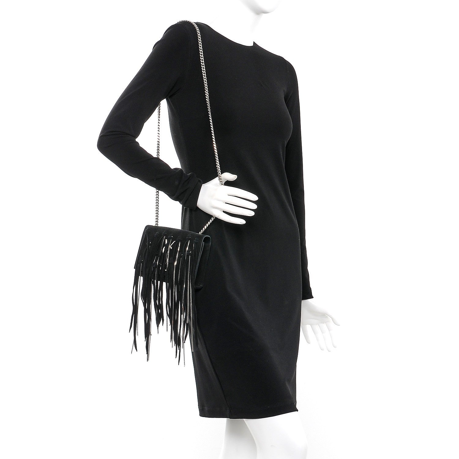 Saint Laurent Suede Fringe Chain Small Monogram Satchel Black 2 of 8
