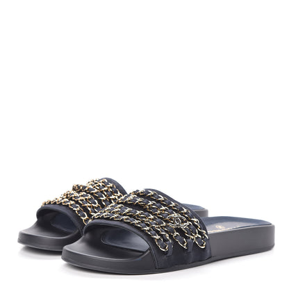 Chanel Canvas Chain Flat Sandals 38 Marine 3 of 11