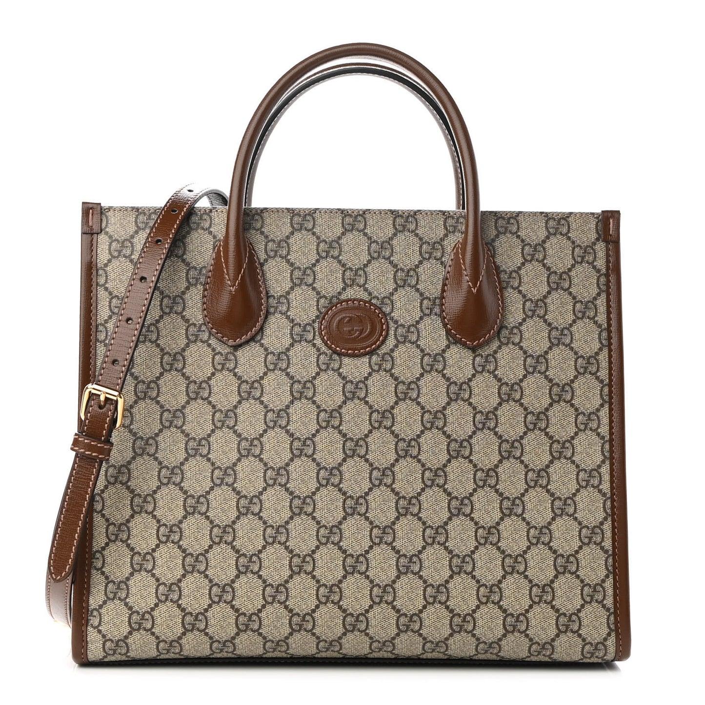GG Supreme Monogram Azalea Calfskin Small Retro Interlocking G Tote Bag Beige Ebony Brown Sugar