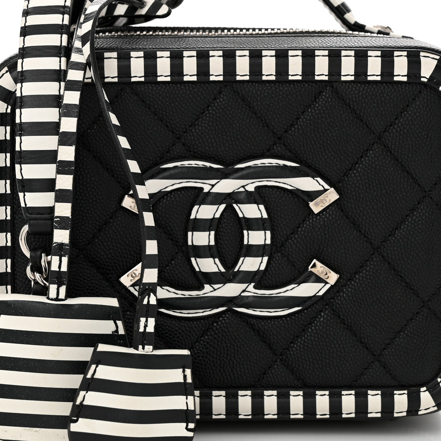 Caviar Quilted Striped Small CC Filigree Vanity Case Black White
