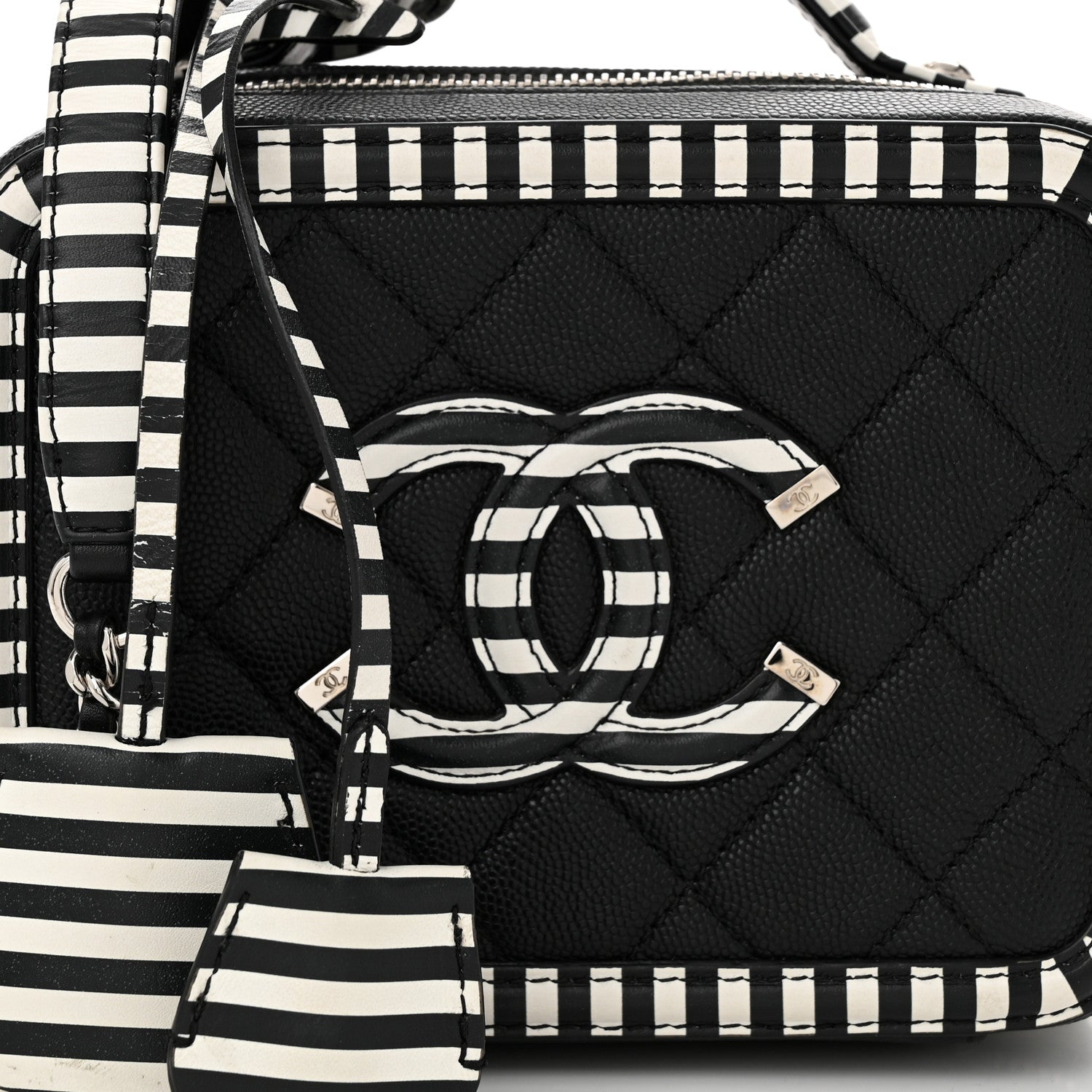 Chanel Caviar Quilted Striped Small CC Filigree Vanity Case Black White 8 of 10