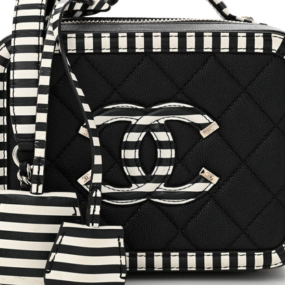 Chanel Caviar Quilted Striped Small CC Filigree Vanity Case Black White 8 of 10