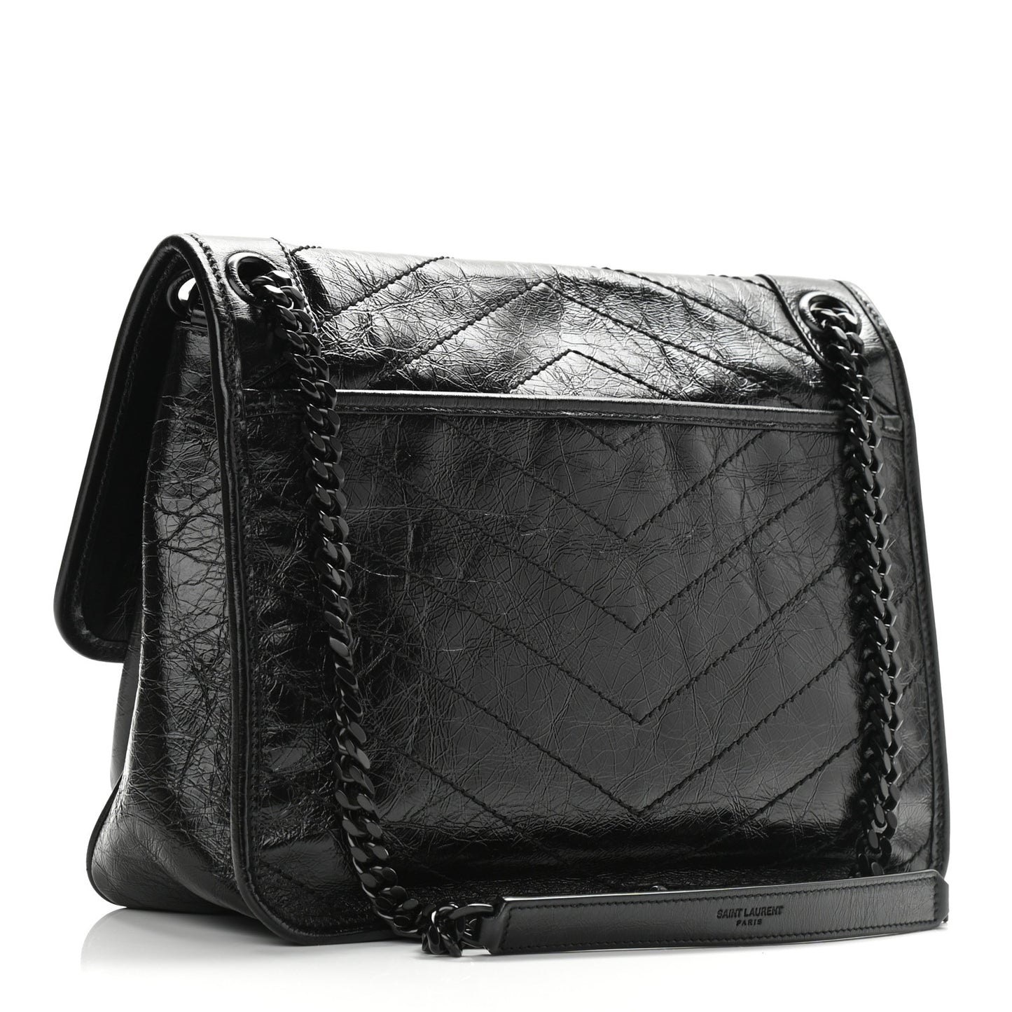 Crinkled Calfskin Matelasse Monogram Medium Niki Chain Satchel Black