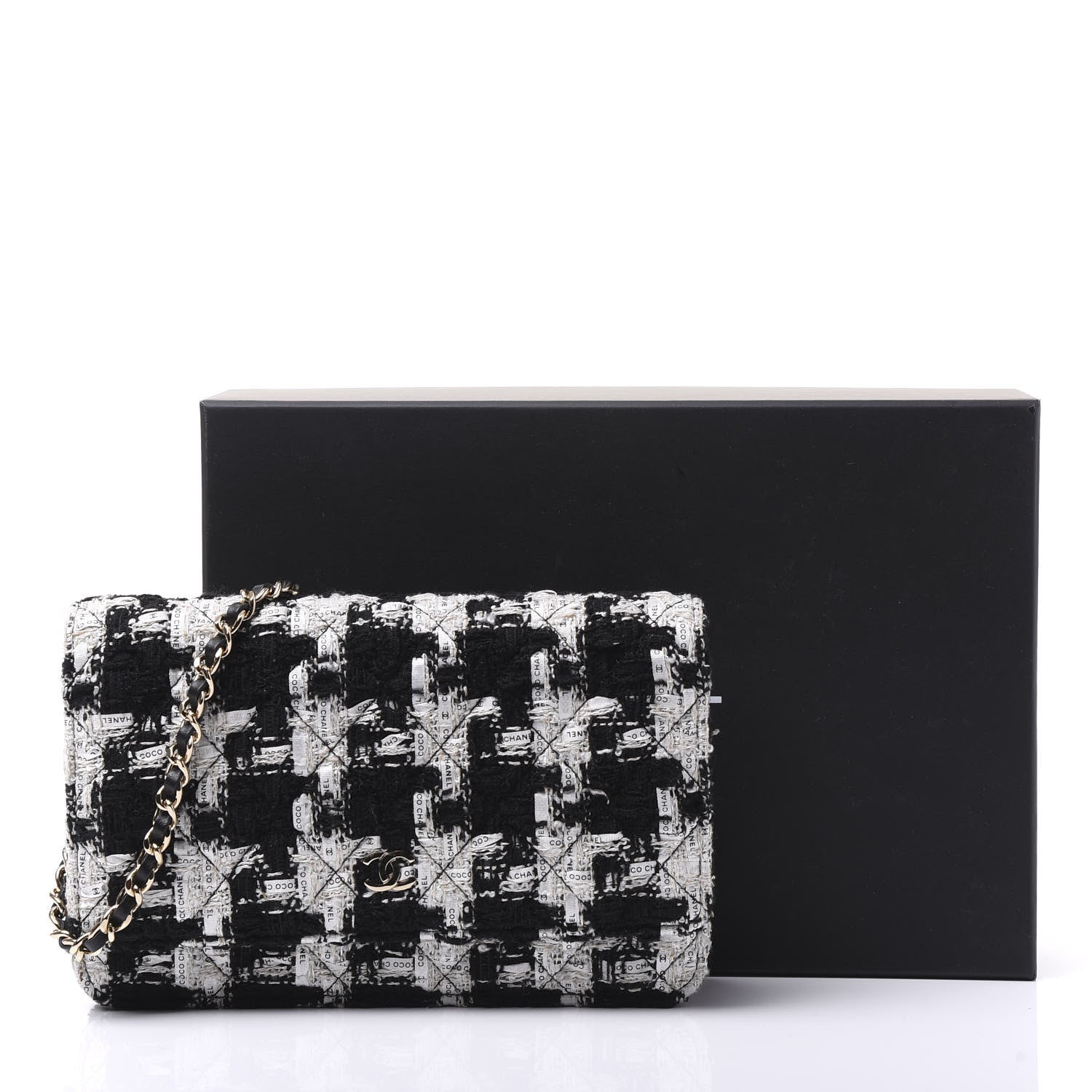 Chanel Tweed Quilted Wallet On Chain WOC Black Ecru White 11 of 11