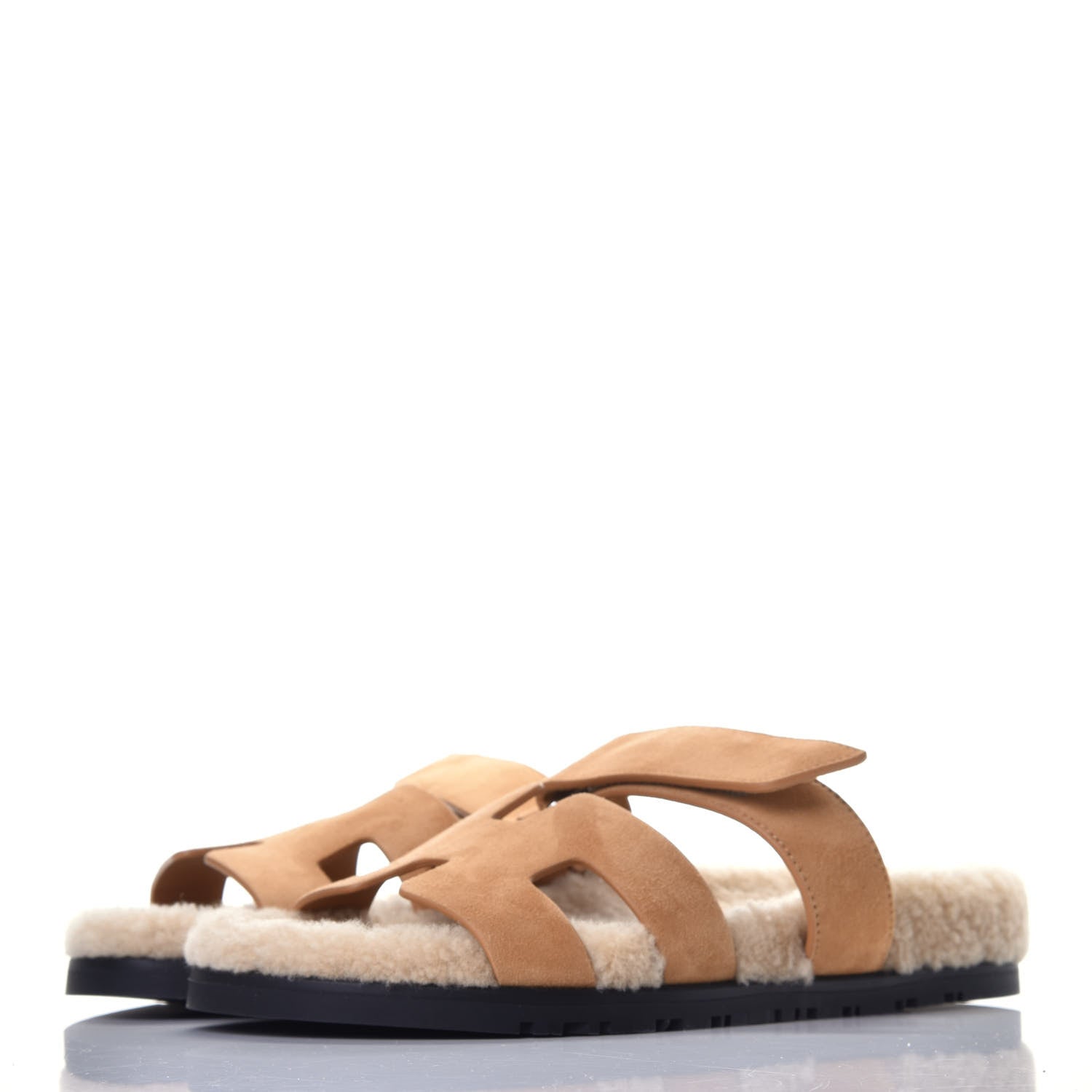 Hermes Suede Goatskin Woolskin Womens Chypre Sandals 38 Golden Beige 3 of 9
