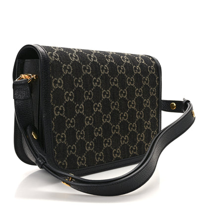 Gucci Jacquard Black Denim GG Monogram Textured Dollar Calfskin Horsebit 1955 Shoulder Bag Black Ivory 3 of 13