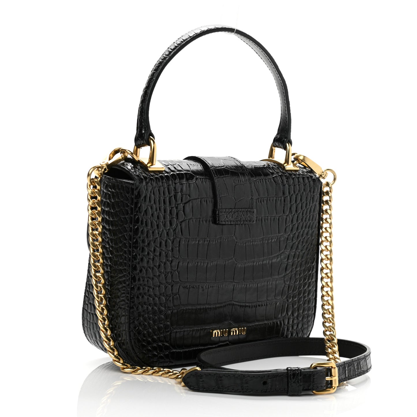 Crocodile Print Calfskin Top Handle Bag Black
