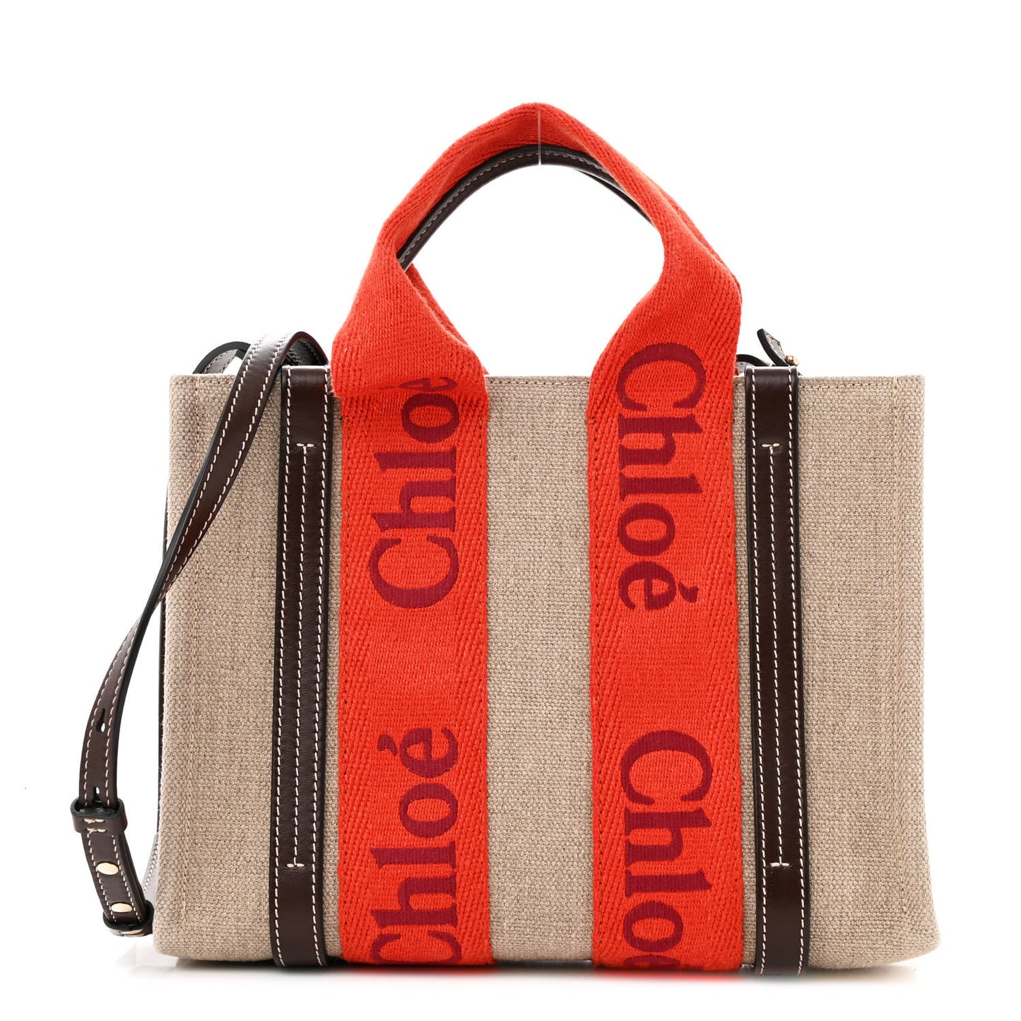 Cotton Calfskin Small Woody Ribbon Tote With Strap Orange Brown