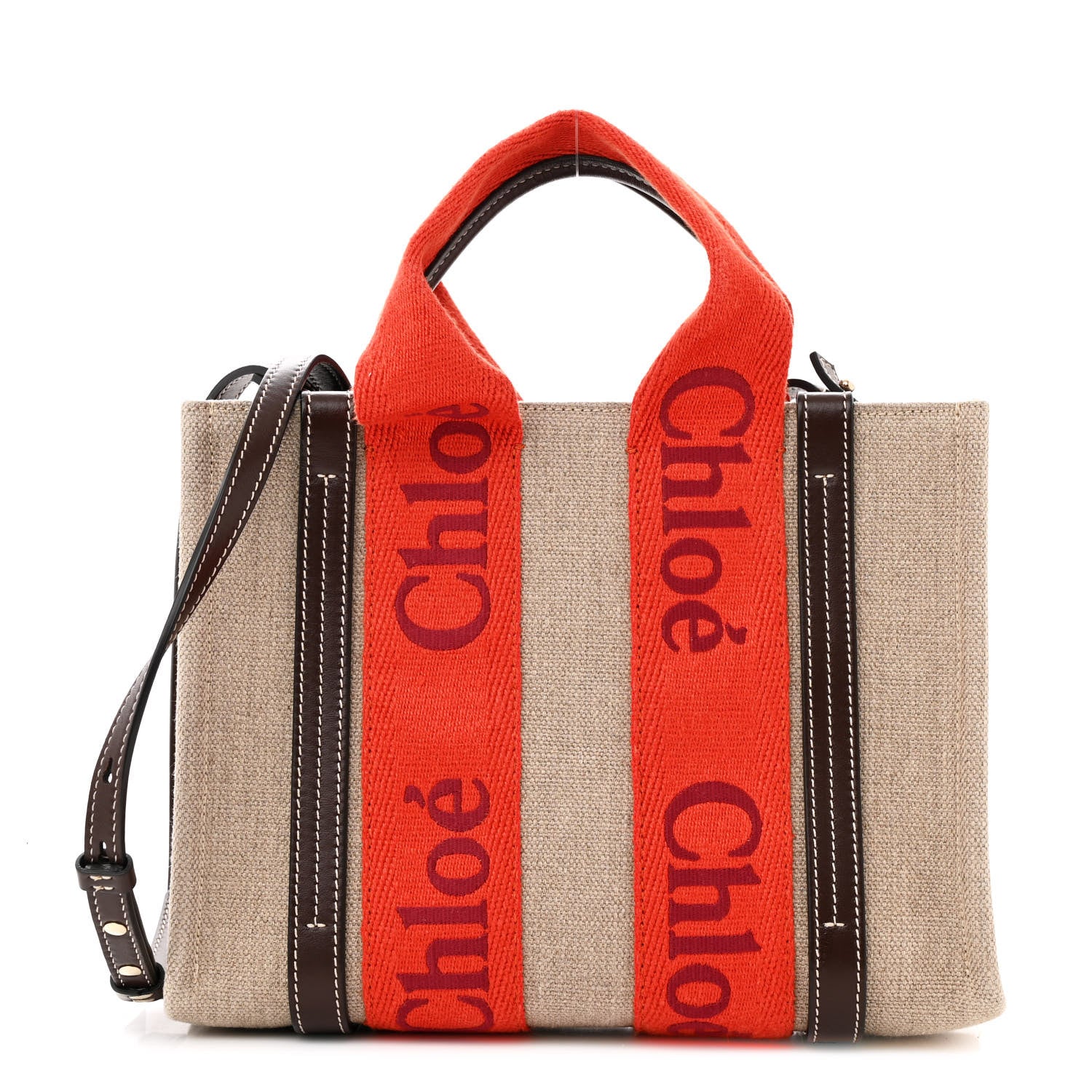 Chloe Cotton Calfskin Small Woody Ribbon Tote With Strap Orange Brown 1 of 17