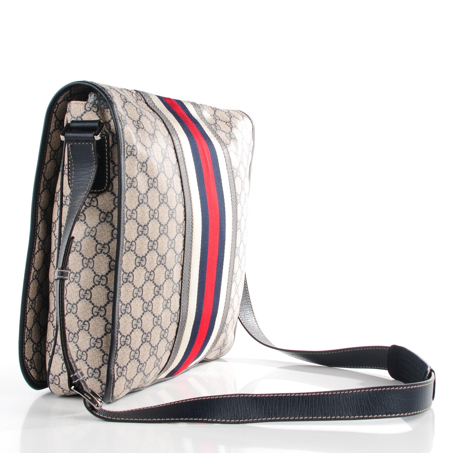 GG Plus Monogram Vintage Web Large Flap Messenger Bag Beige Navy Blue