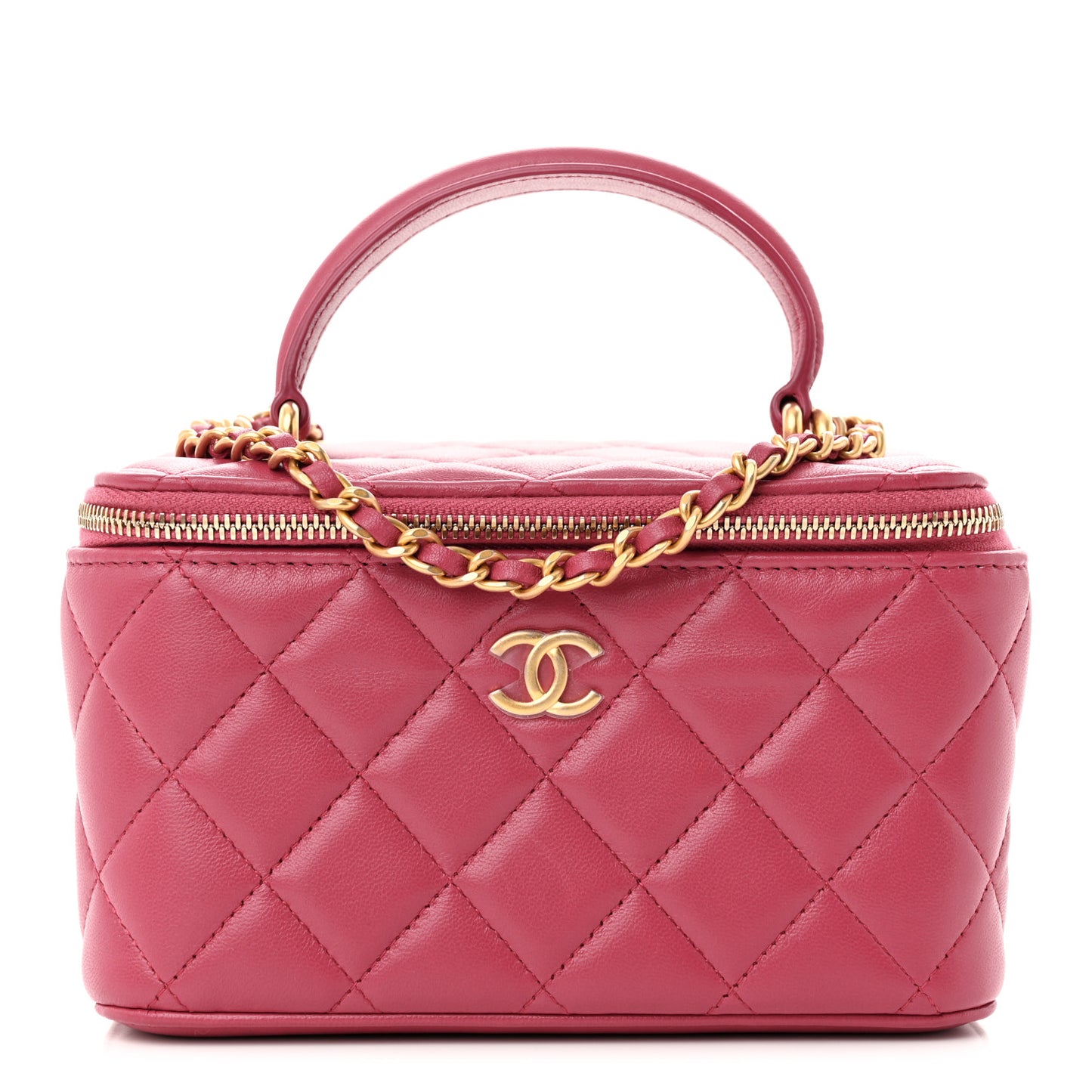 Lambskin Quilted Small Top Handle Vanity Case With Chain Dark Pink