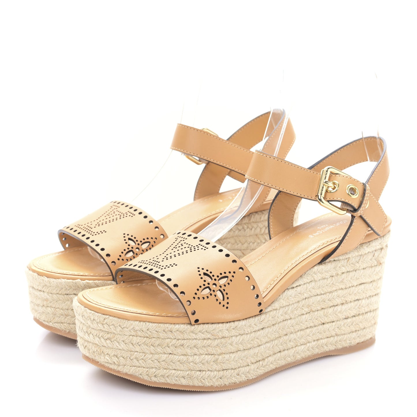 Calfskin Monogram Espadrille Wedge Sandals 37 Brown