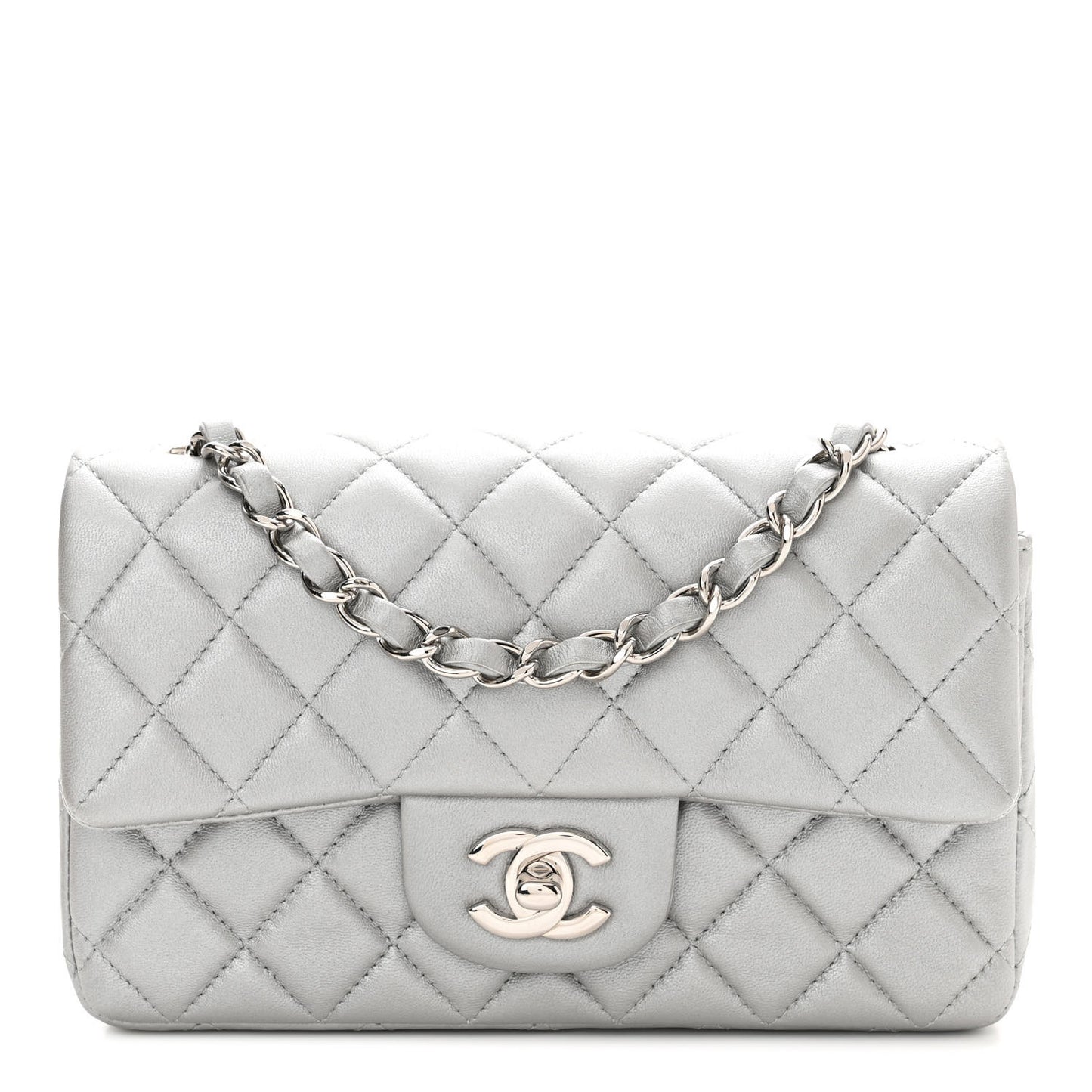 Metallic Lambskin Quilted Mini Rectangular Flap Silver