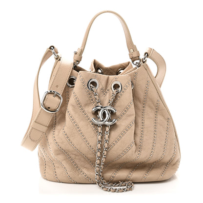 Chanel Calfskin Studded Chevron Quilted Small Stud Wars Drawstring Bag Beige 1 of 10