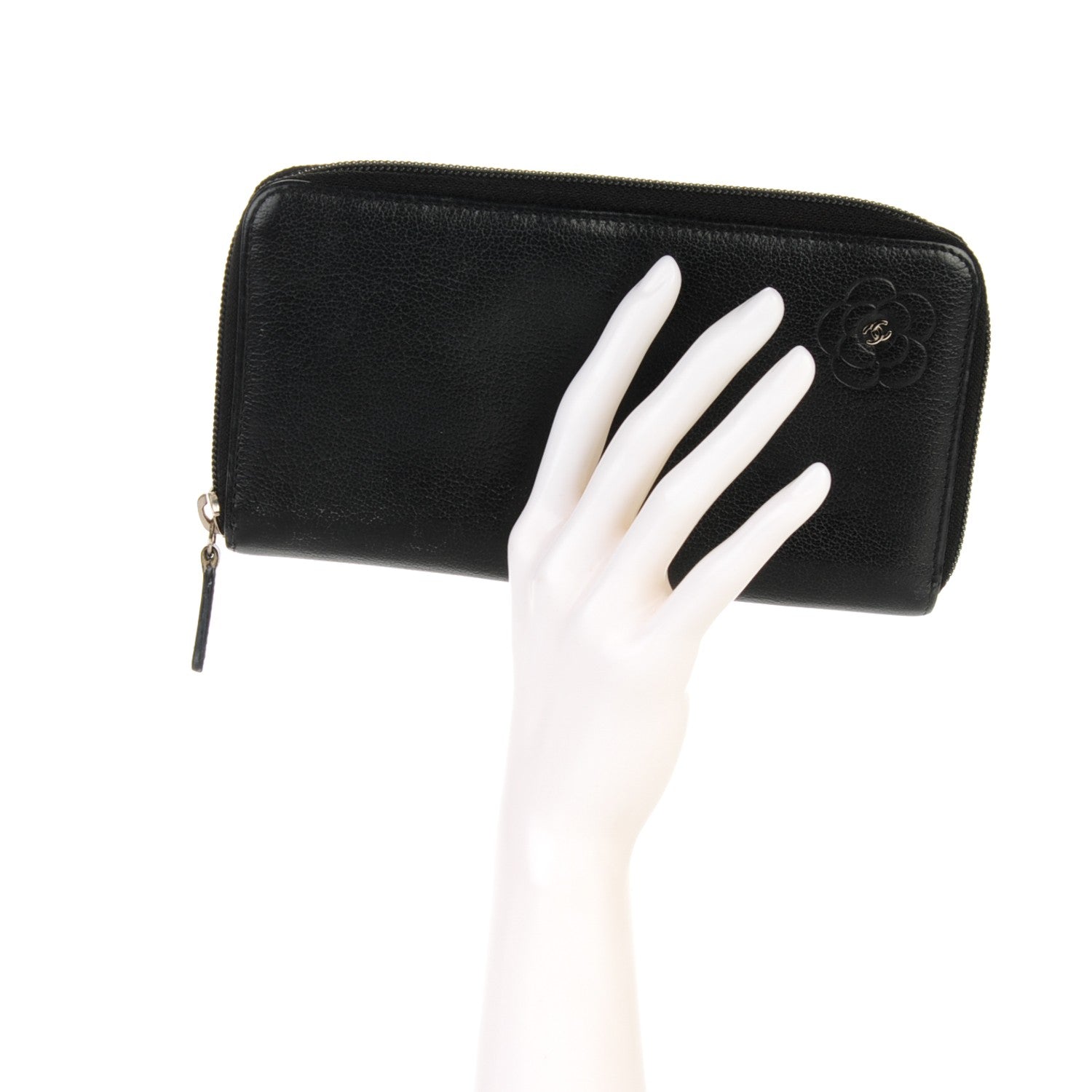 Chanel Goatskin Camellia Embossed Zip Around Wallet Black 2 of 10