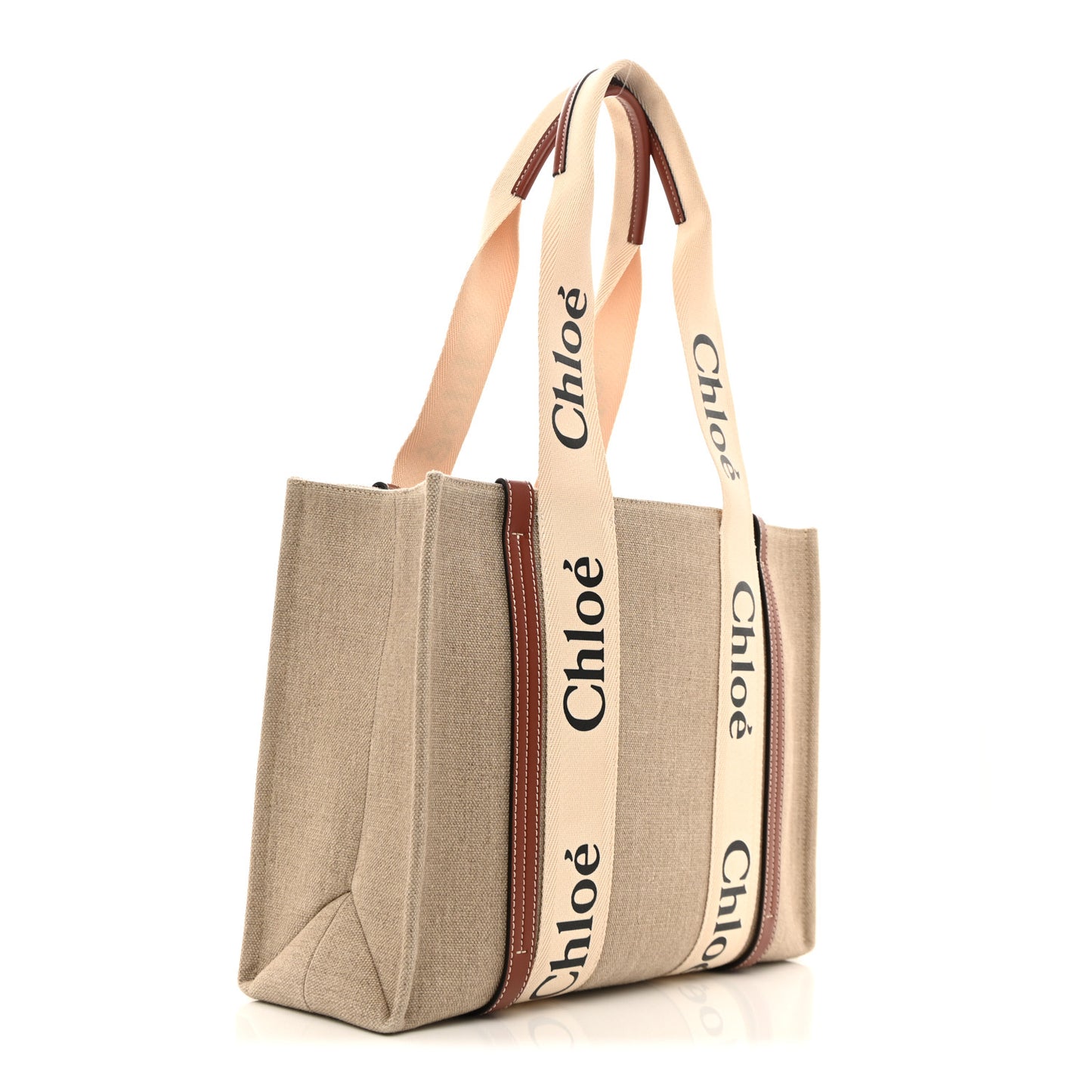 Linen Calfskin Medium Woody Ribbon Tote White Brown