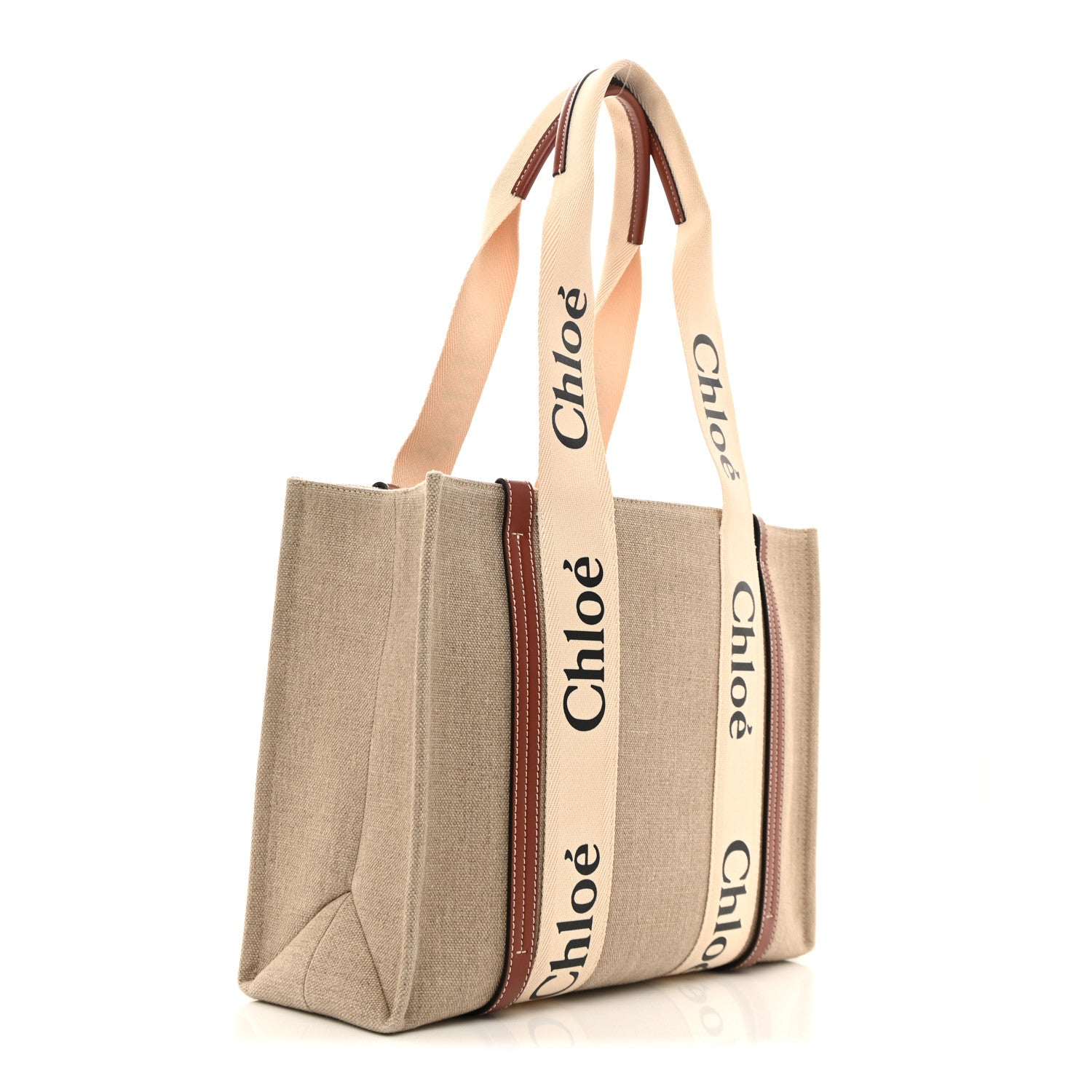 Chloe Linen Calfskin Medium Woody Ribbon Tote White Brown 3 of 14