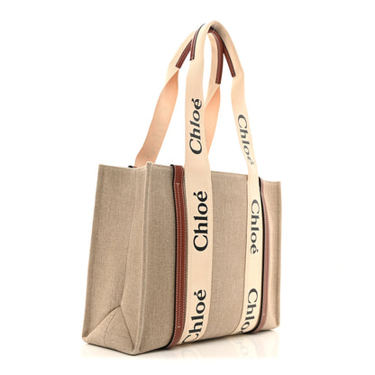 Chloe Linen Calfskin Medium Woody Ribbon Tote White Brown 3 of 14