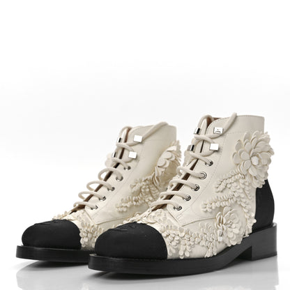 Chanel Embroidered Lambskin Grosgrain Lace Up Boots 37 White Black 4 of 8