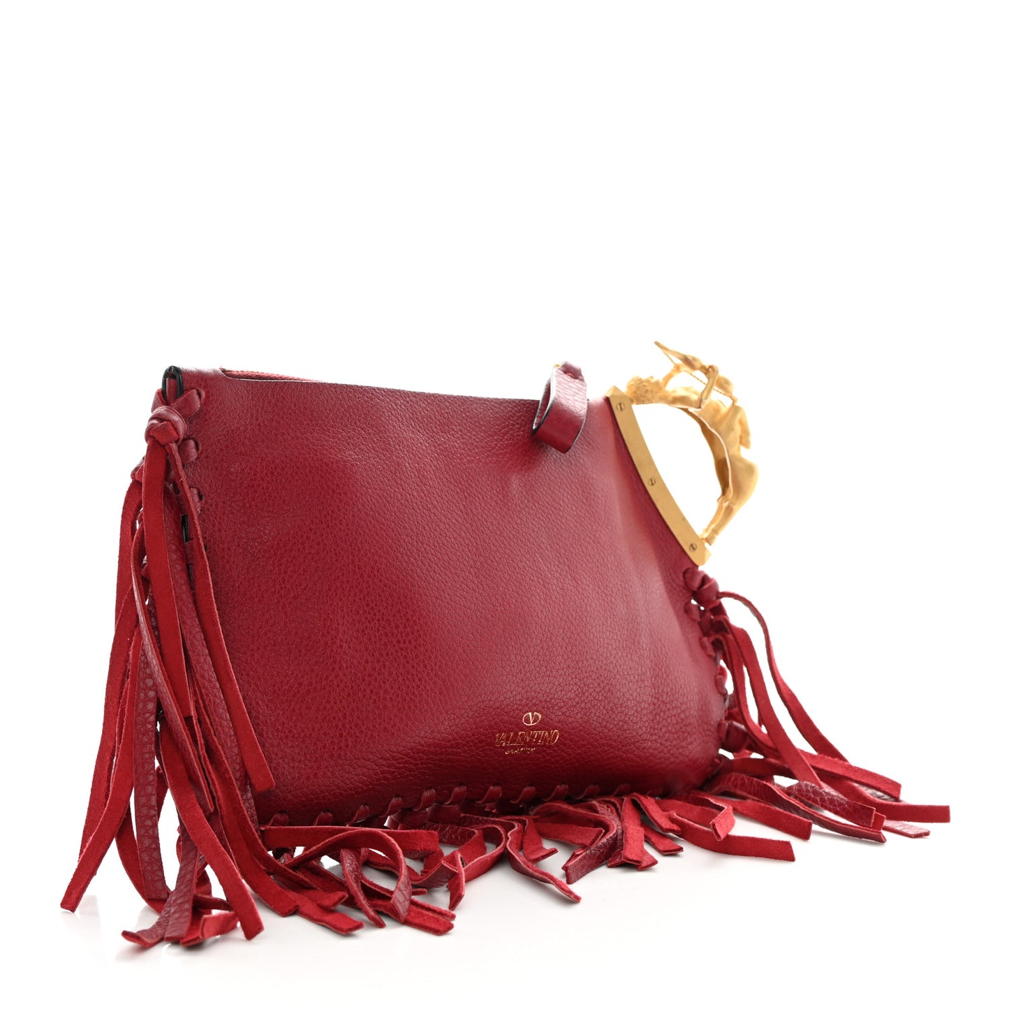 Grained Calfskin C-Rockee Sagittarius Fringe Clutch Scarlet