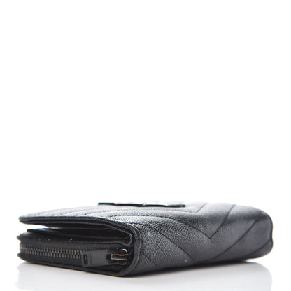 Saint Laurent Grain De Poudre Matelasse Chevron Monogram Compact Zip Around Wallet Black 4 of 14