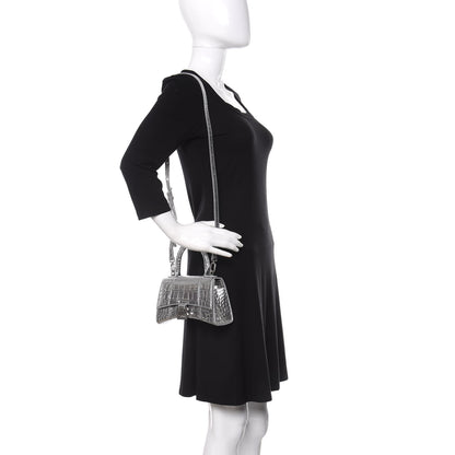 Balenciaga Metallic Calfskin Crocodile Embossed Hourglass Top Handle Bag XS Silver 2 of 9