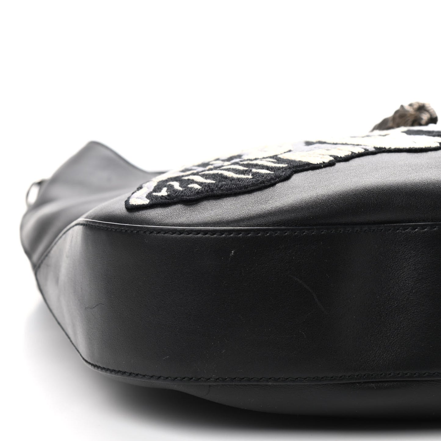 Calfskin Web Dog Embroidered Large Dionysus Hobo Black