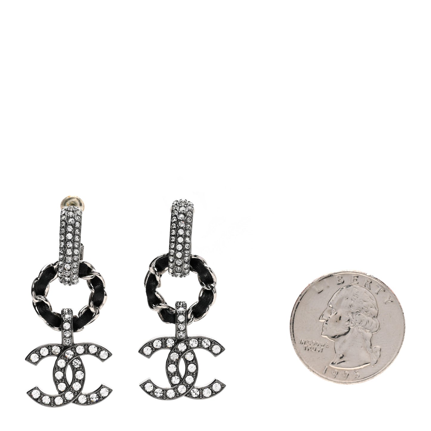 Ruthenium Lambskin Crystal CC Dangle Earrings Silver Black