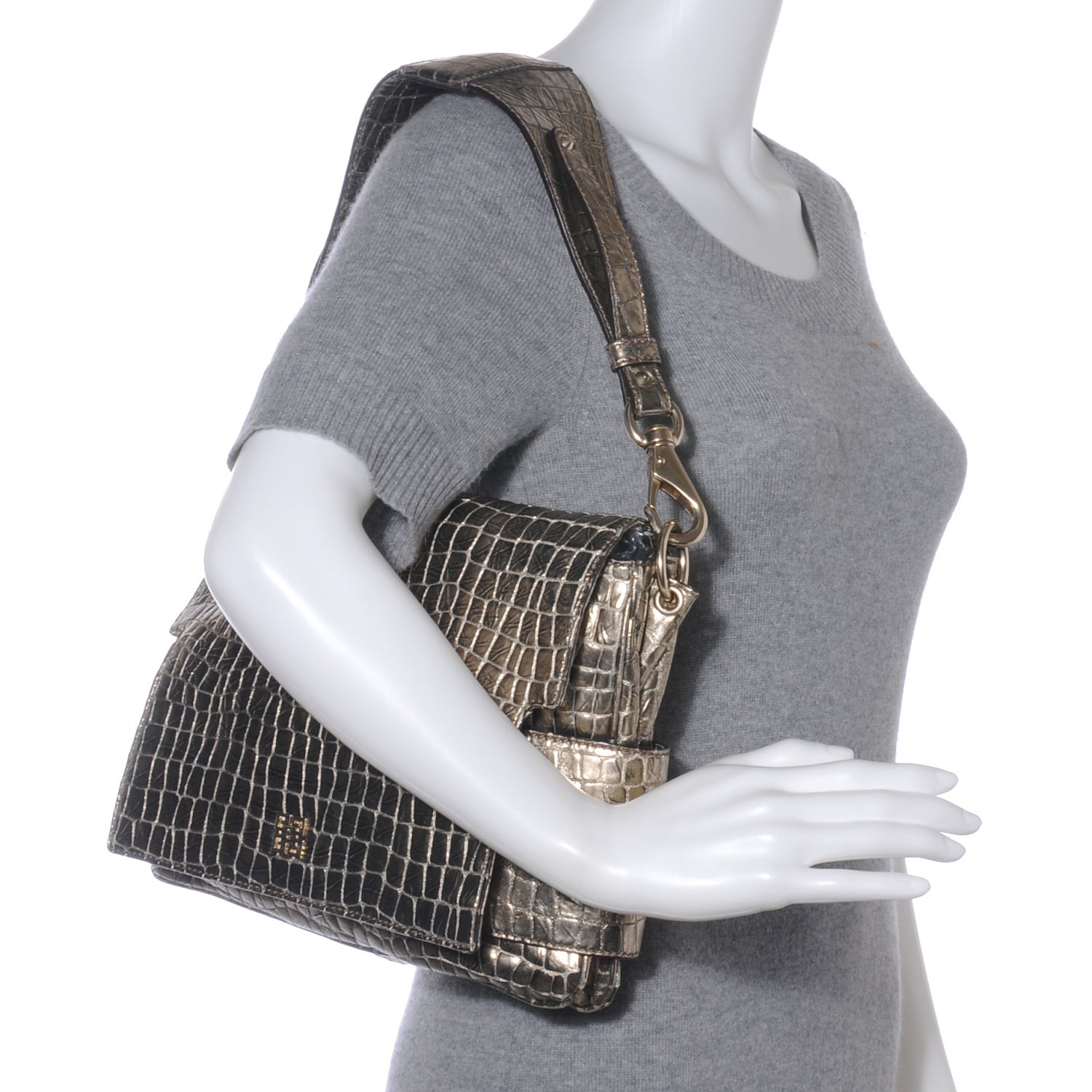 Givenchy Calfskin Crocodile Embossed Melancholia Shoulder Bag Gold 2 of 8