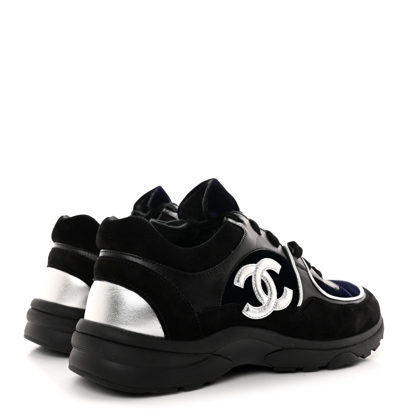 Suede Velvet Lambskin CC Sneakers 38.5 Black Blue Silver
