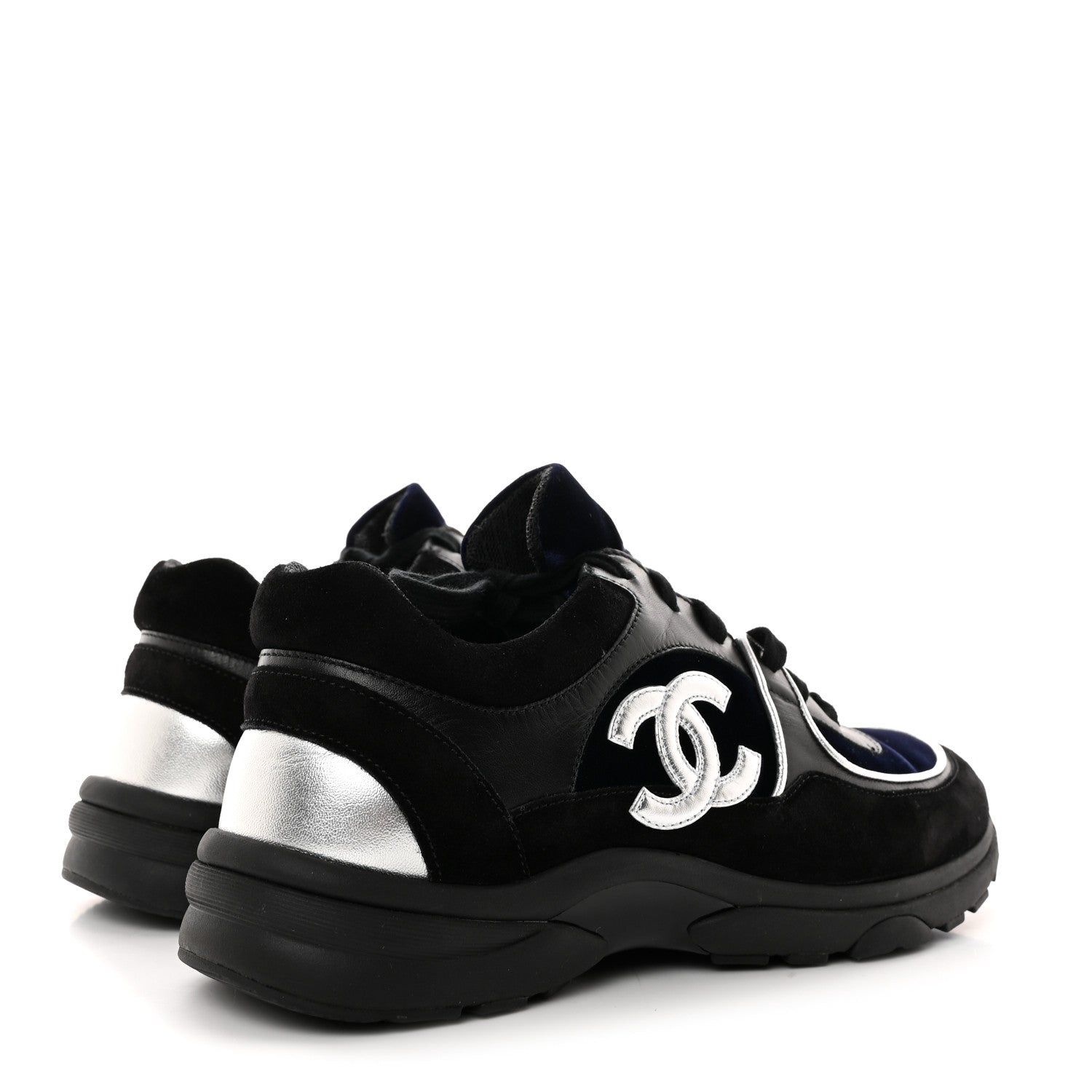 Chanel Suede Velvet Lambskin CC Sneakers 38.5 Black Blue Silver 4 of 9