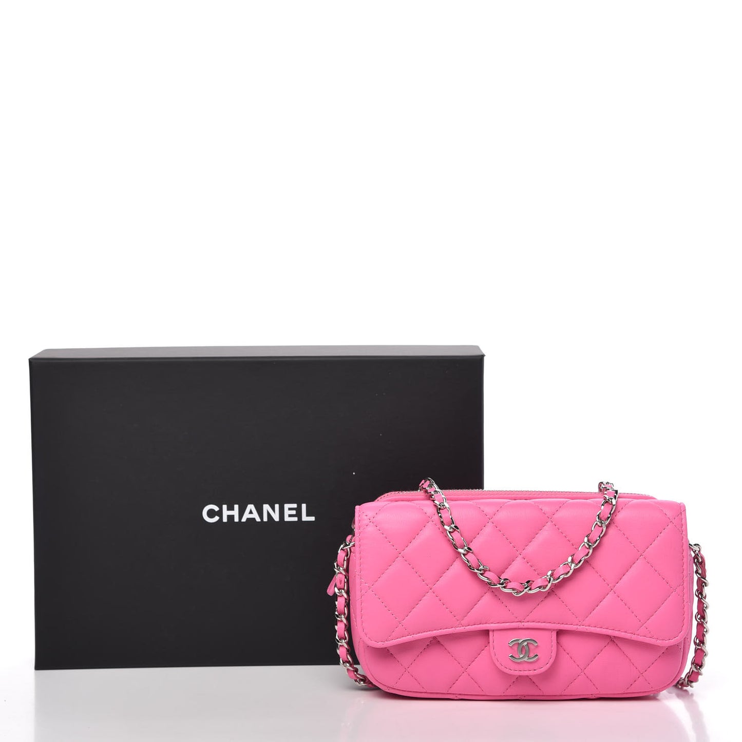 Lambskin Quilted Flap Phone Holder With Chain Neon Pink