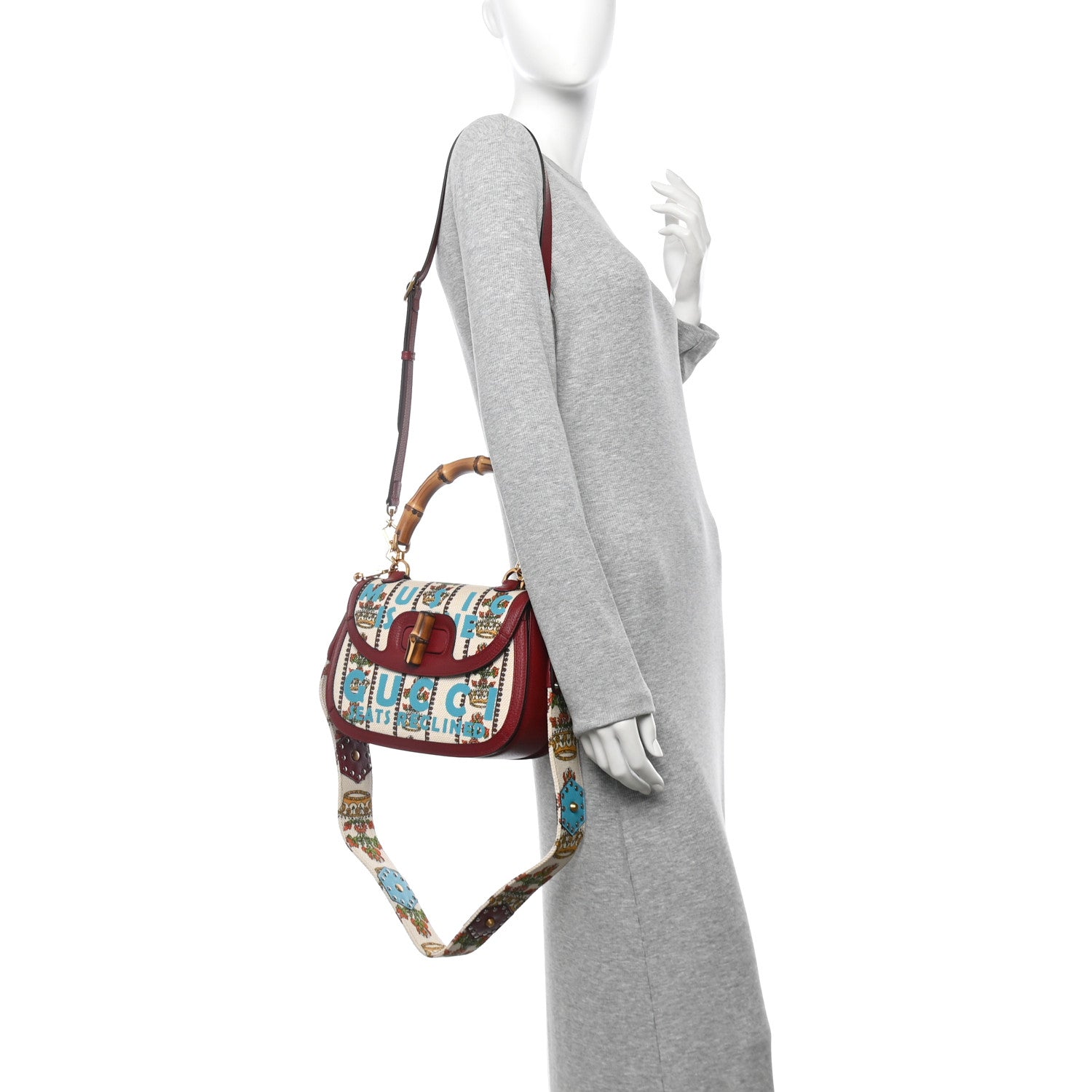 Gucci Canvas Calfskin 100 Centennial Music Medium Bamboo 1947 Top Handle Bag Ivory Red 2 of 12