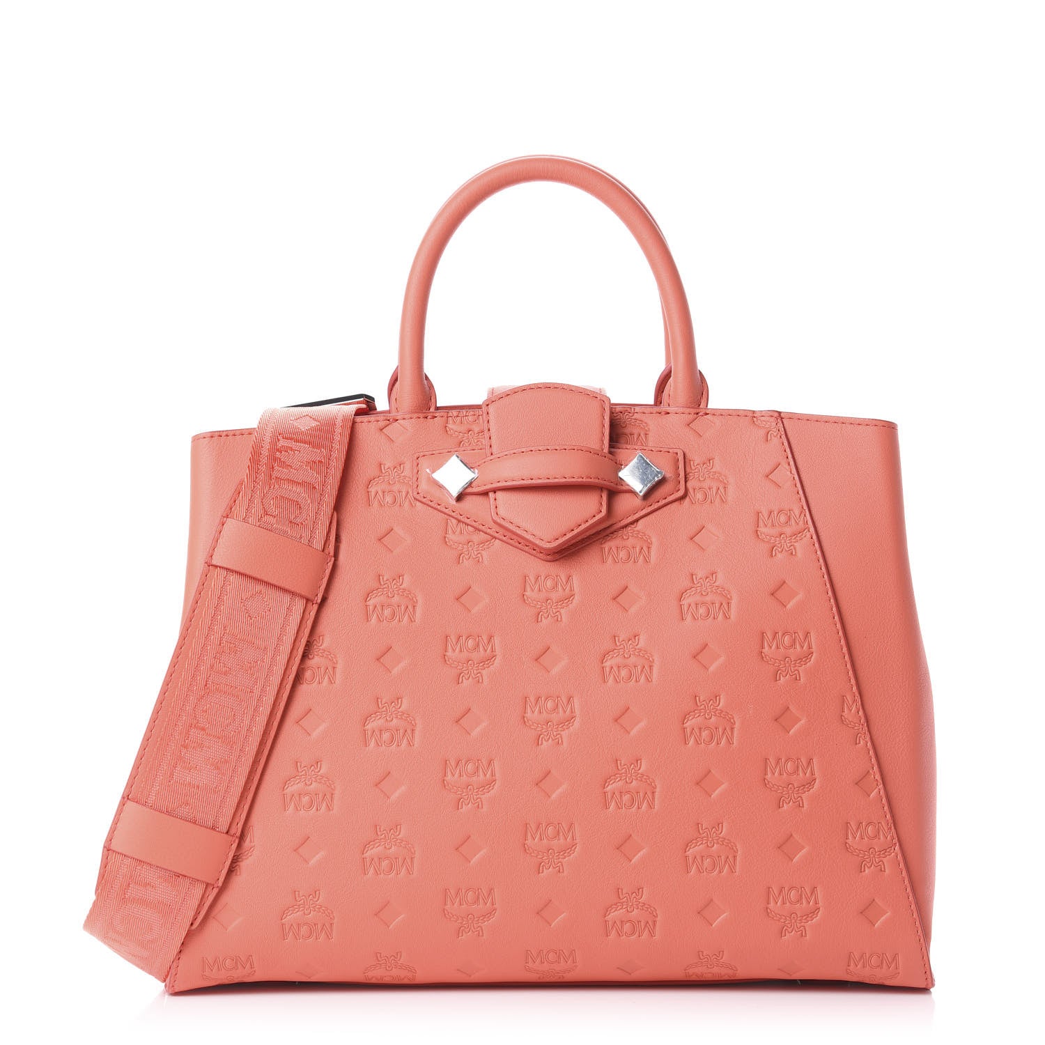 MCM Calfskin Ottomar Monogram Medium Essential Tote Hot Coral 1 of 9