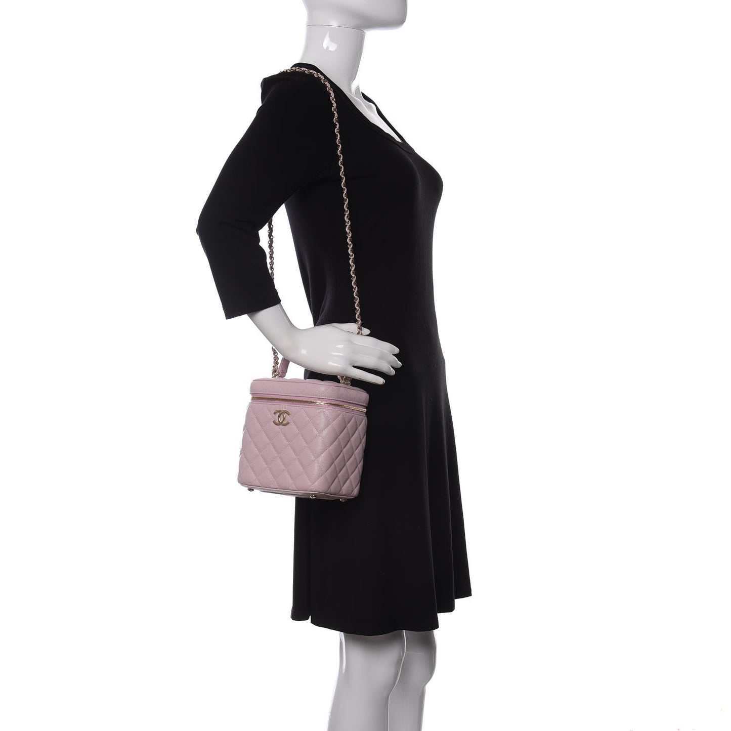 Caviar Quilted Small Top Handle Vanity Case With Chain Light Pink