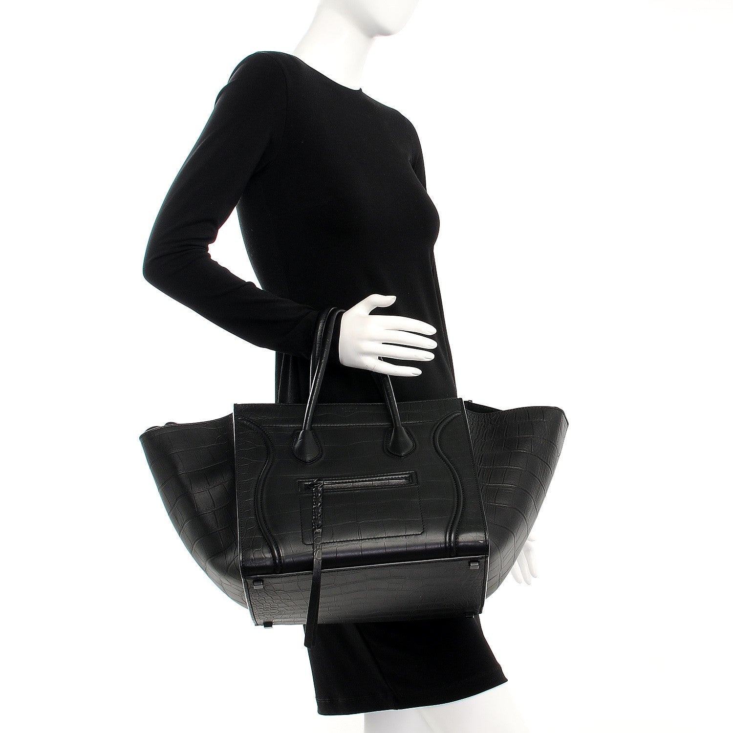 Celine Crocodile Embossed Calfskin Medium Phantom Luggage Black 2 of 10