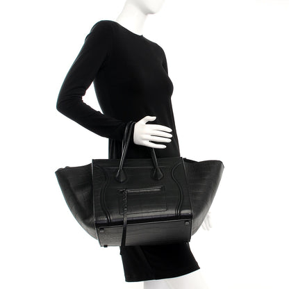 Celine Crocodile Embossed Calfskin Medium Phantom Luggage Black 2 of 10