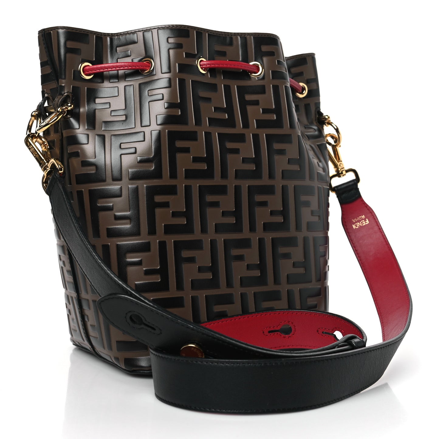 Vitello Grace F is Fendi Bi-Color FF 1974 Embossed Grande Mon Tresor Bucket Bag Maya Black Fragola