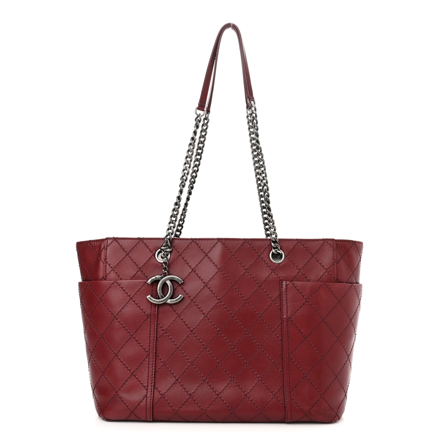 Calfskin Stitched CC Pocket Shopping Tote Dark Red