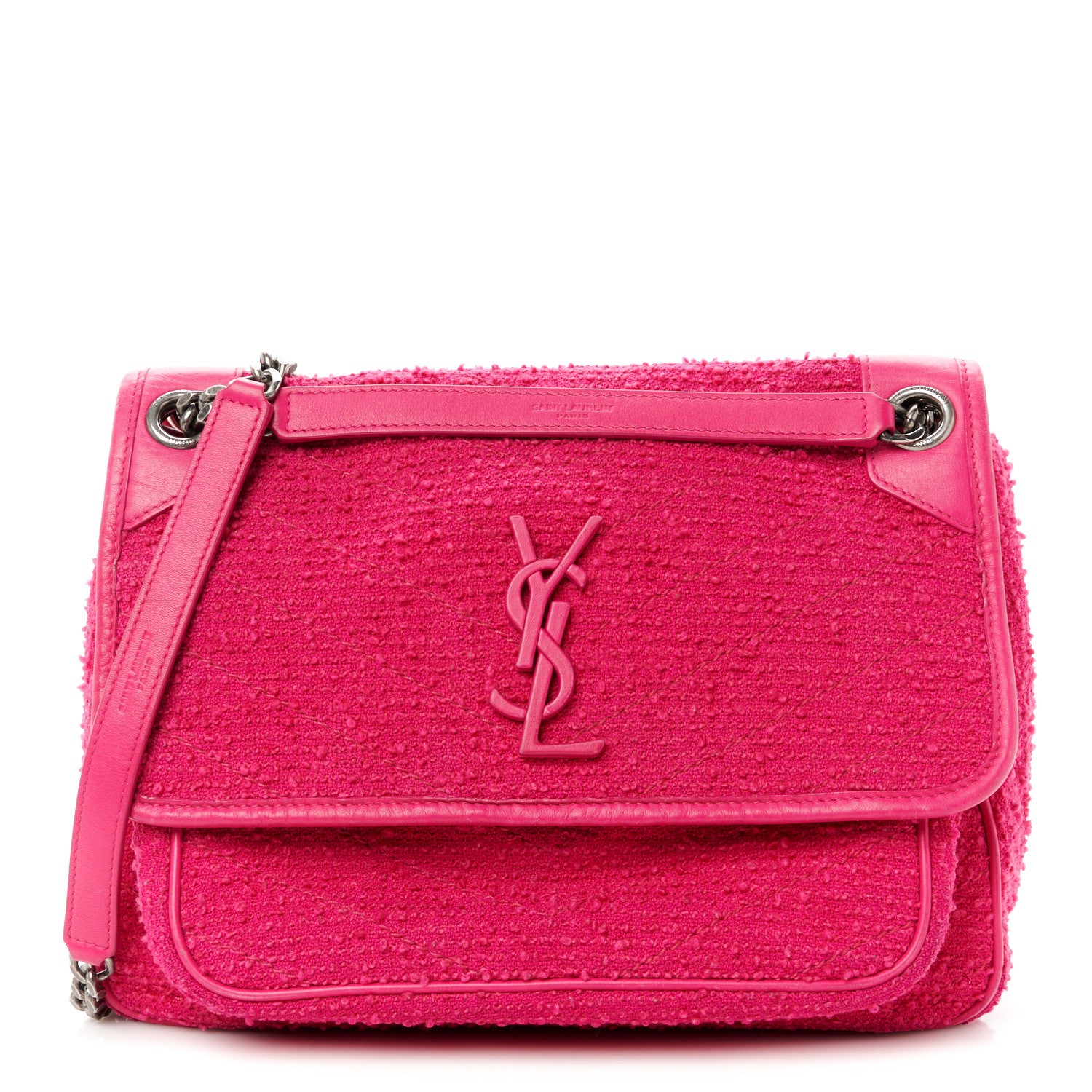 Saint Laurent Boucle Tweed Monogram Medium Niki Chain Satchel Pink 1 of 12