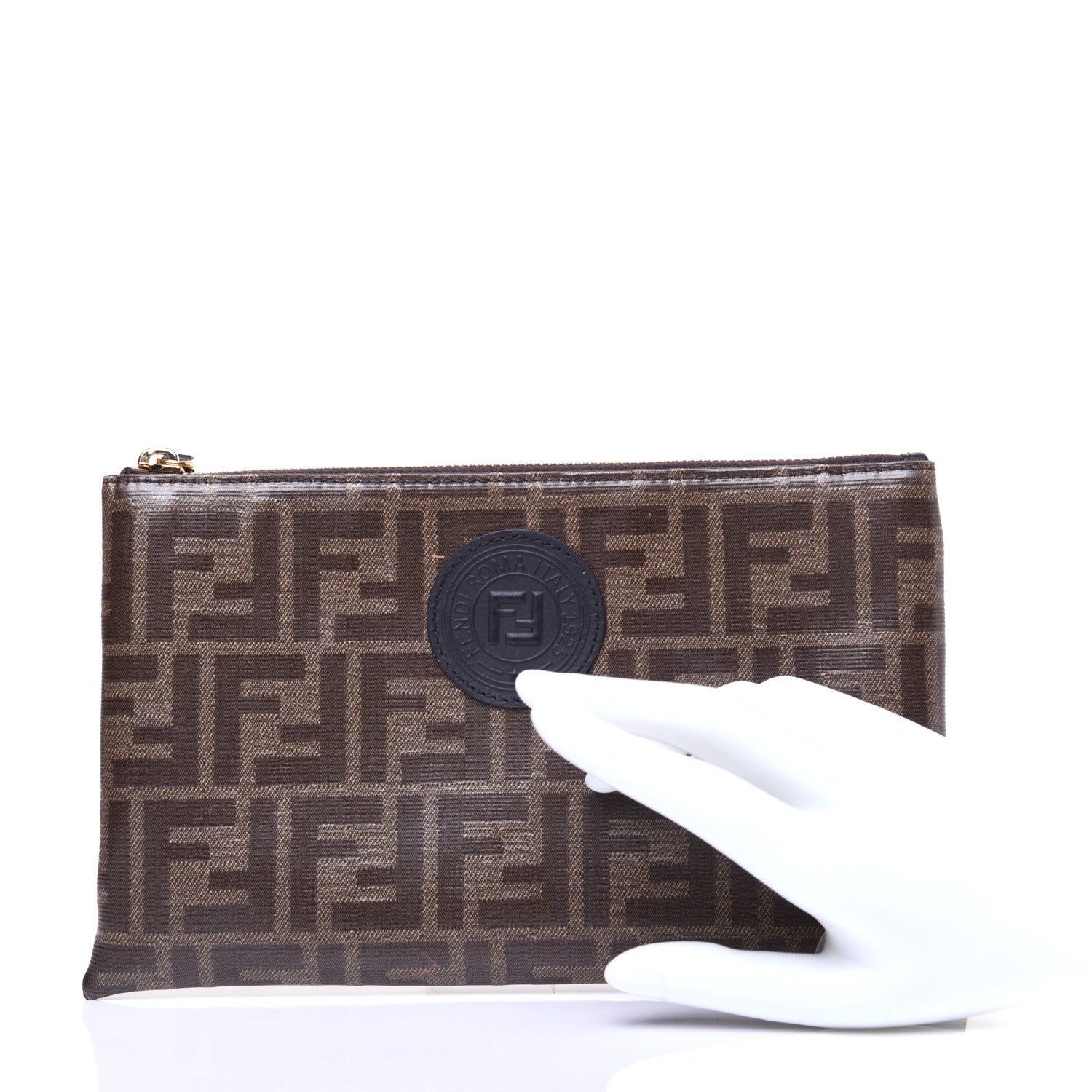 Fendi Glazed Fabric Vitello Century FF 1974 Stamp Patch Small FFreedom Flat Pouch Mogano Panna Black 3 of 10
