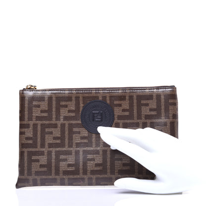Fendi Glazed Fabric Vitello Century FF 1974 Stamp Patch Small FFreedom Flat Pouch Mogano Panna Black 3 of 10