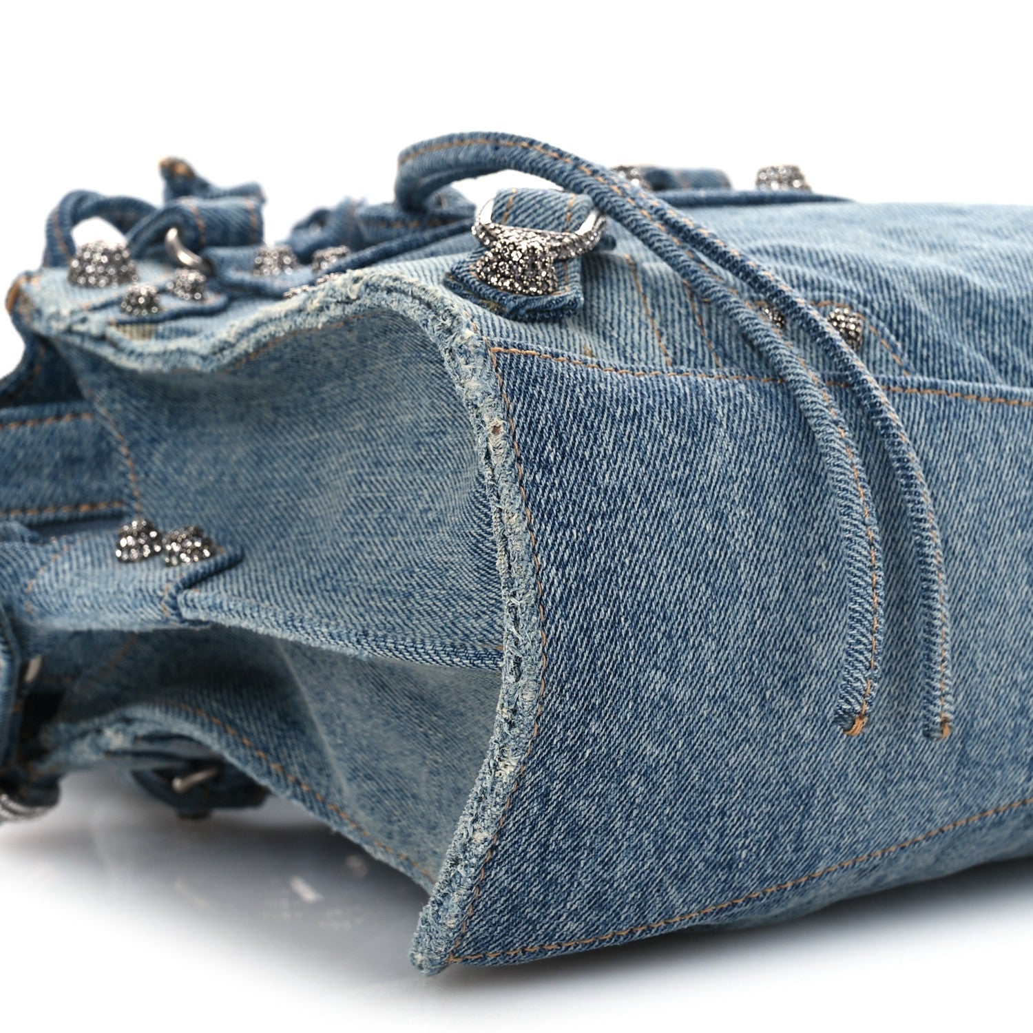 Balenciaga Washed Frayed Denim Crystal Neo Cagole Handbag XS Blue 10 of 15