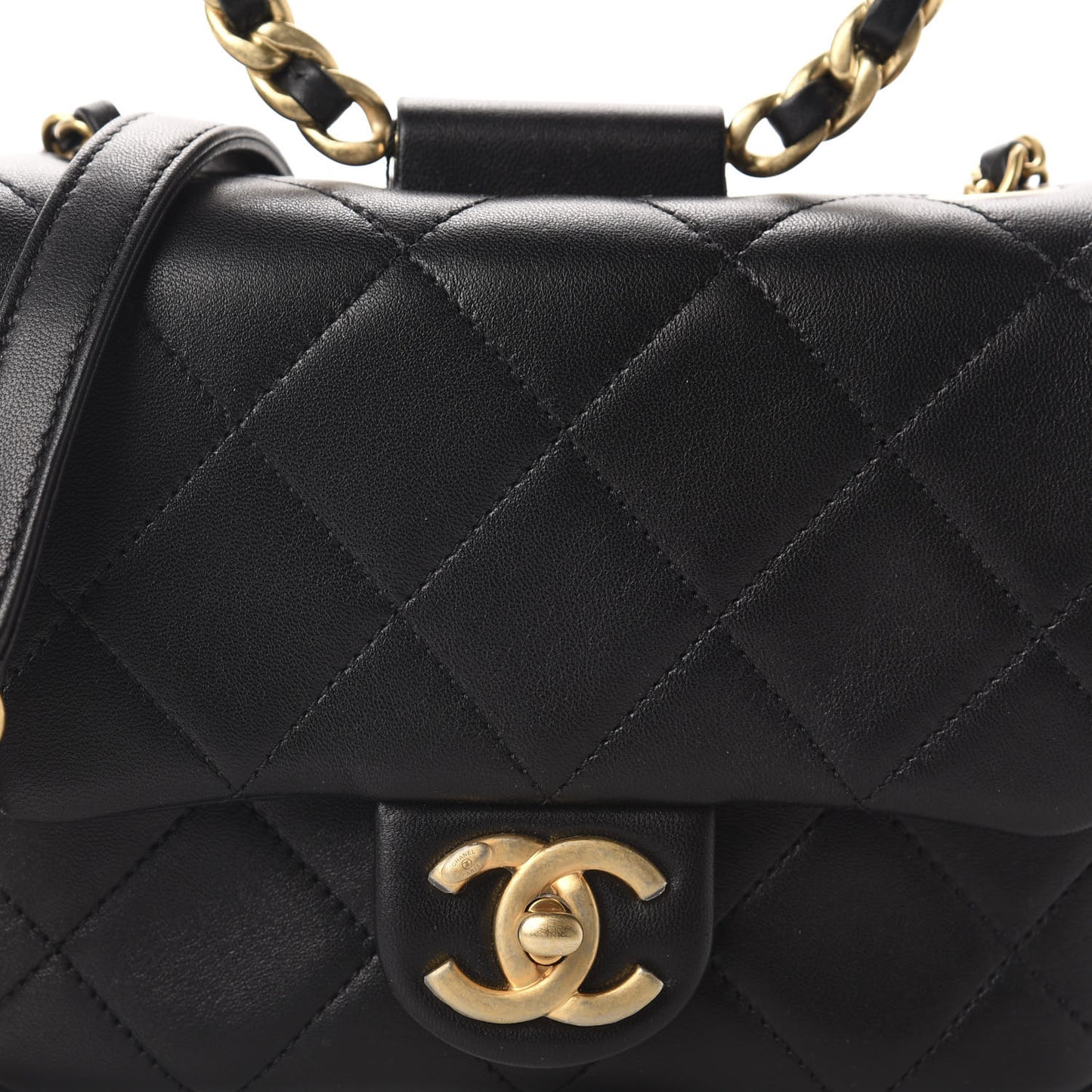 Lambskin Quilted Small Circular Handle Bag Black