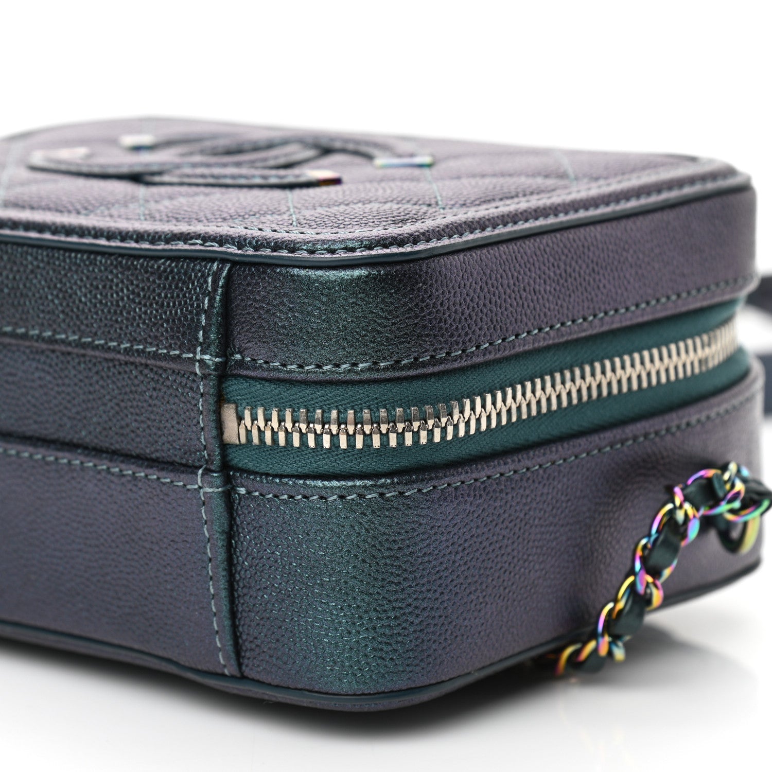 Chanel Iridescent Caviar Quilted Small CC Filigree Vanity Case Dark Turquoise 10 of 11