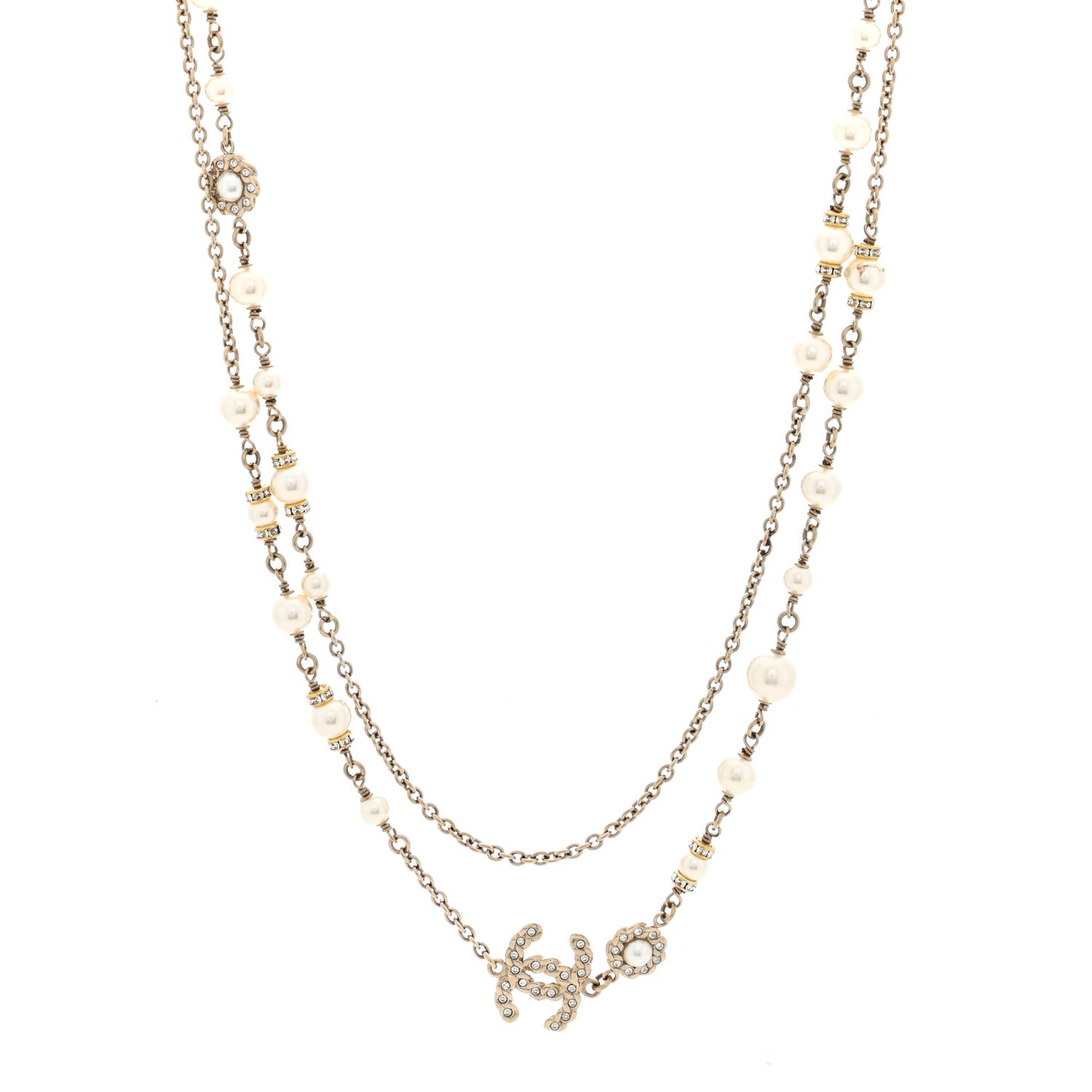 Pearl Crystal CC Long Necklace Gold