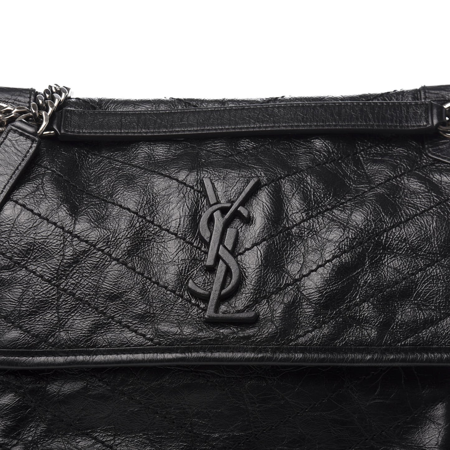 Crinkled Calfskin Matelasse Monogram Medium Niki Chain Satchel Black