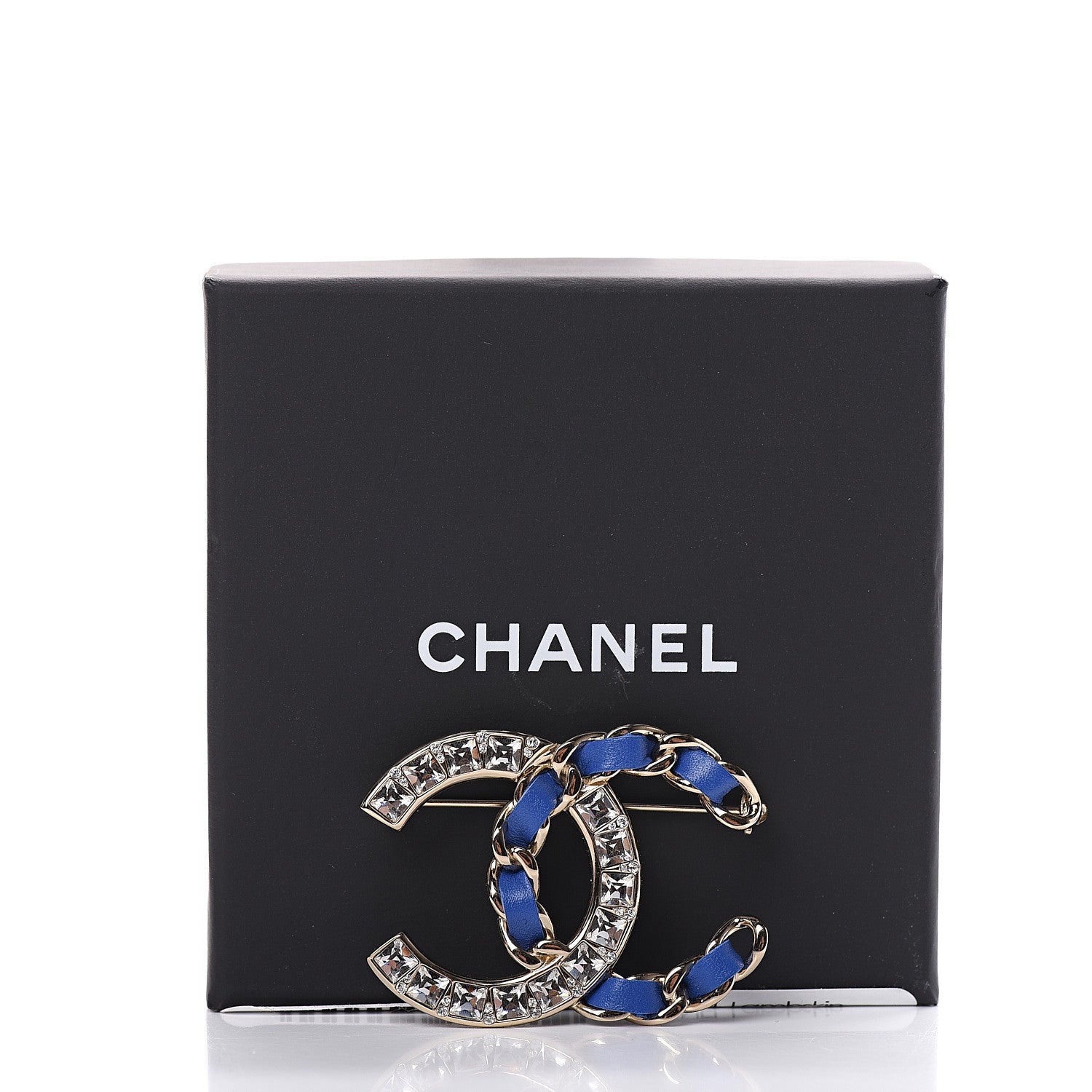 Chanel Lambskin Baguette Crystal CC Chain Brooch Blue Gold 4 of 4