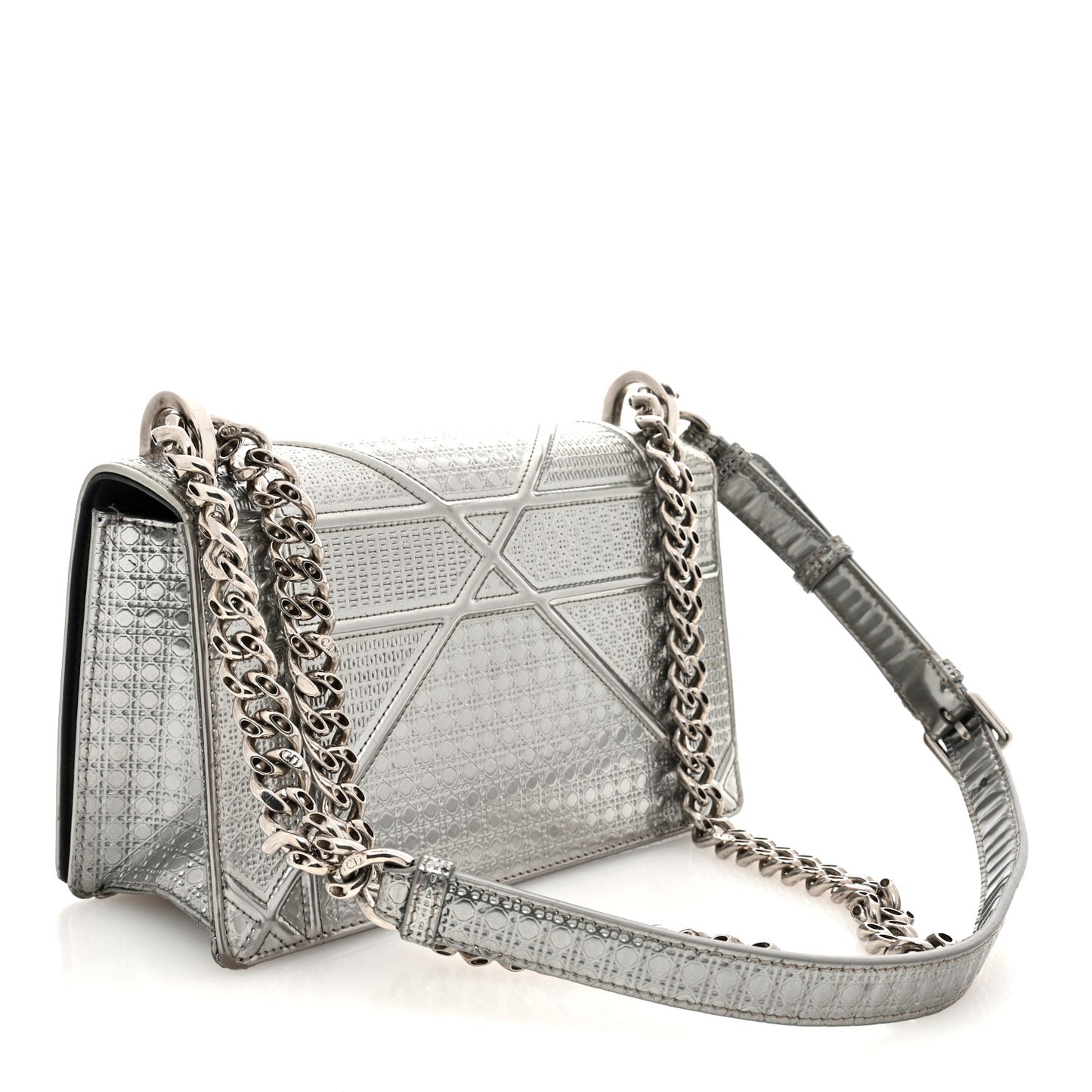 Metallic Patent Micro-Cannage Small Diorama Flap Bag Silver