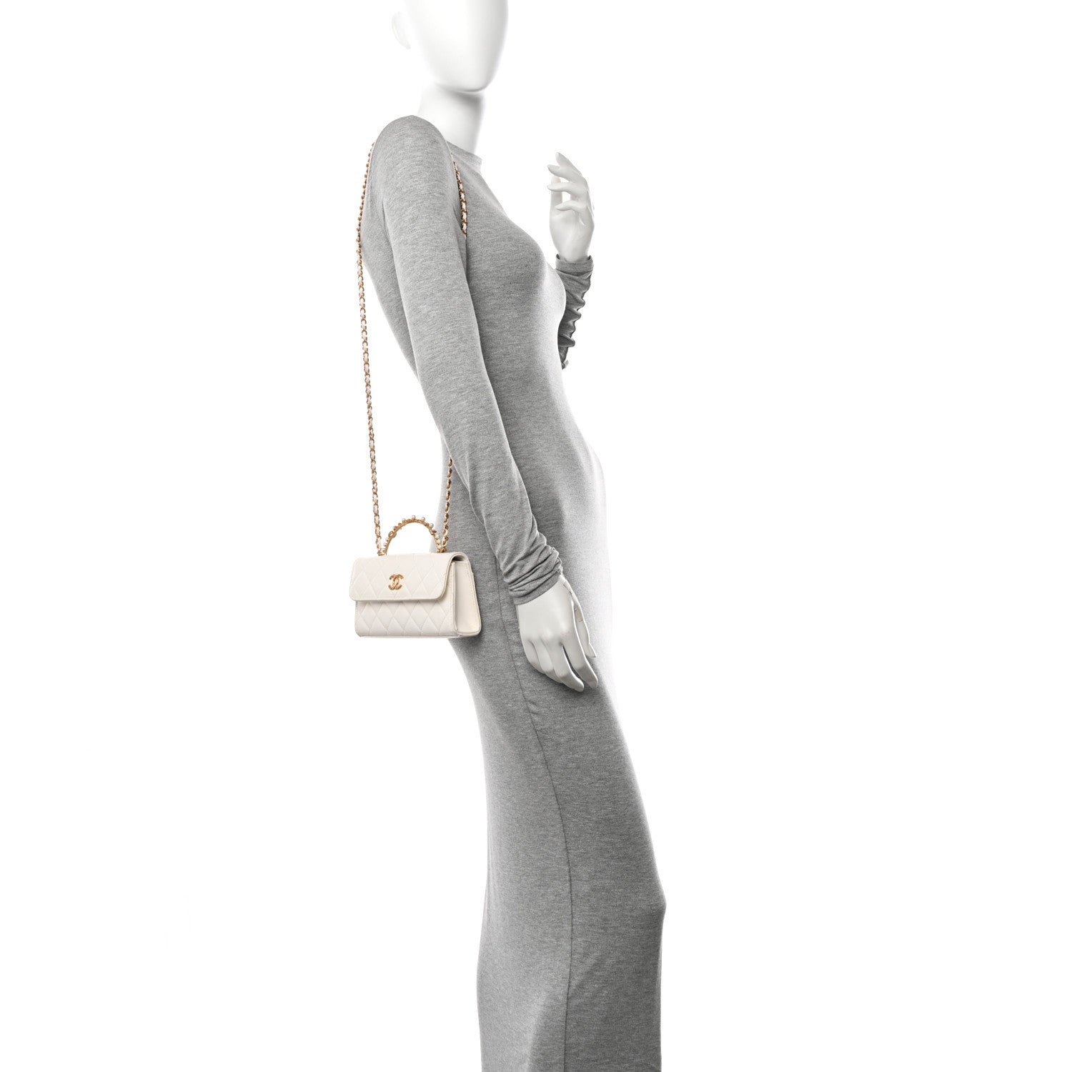 Chanel Lambskin Pearl Crystal Quilted Pearly Girl Handle Flap Phone Holder With Chain White 2 of 11
